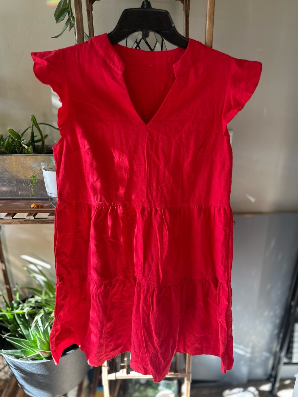 SHEIN Bright Red V-Neck Tiered Tunic